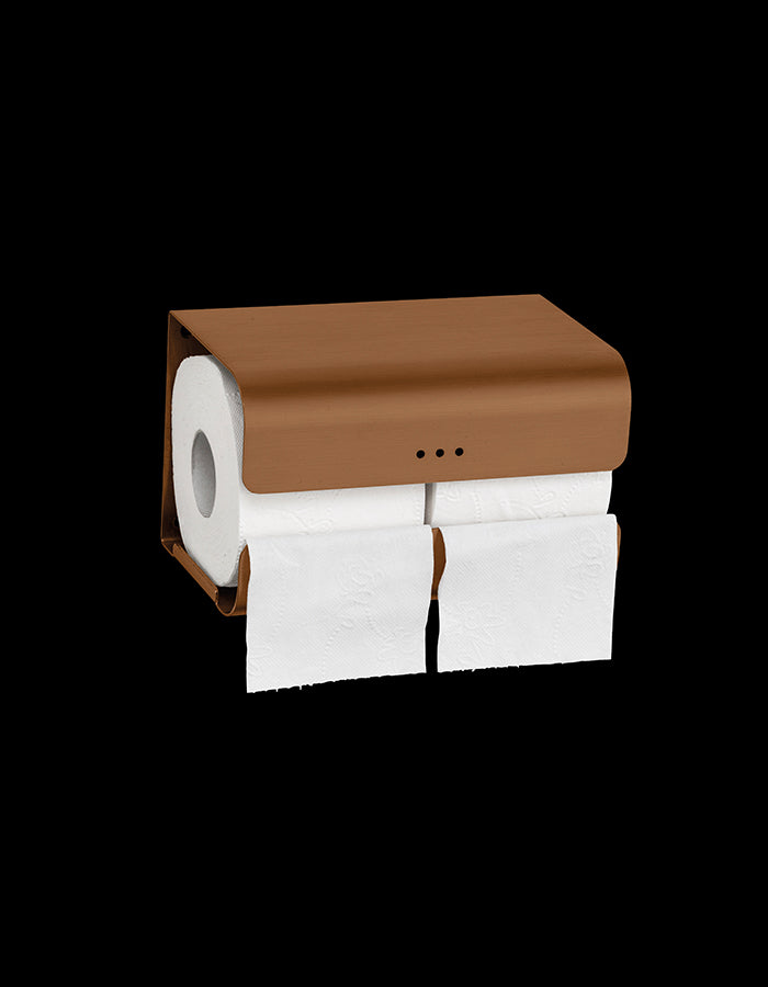 Double toilet paper and spare roll holder in landscape format, copper